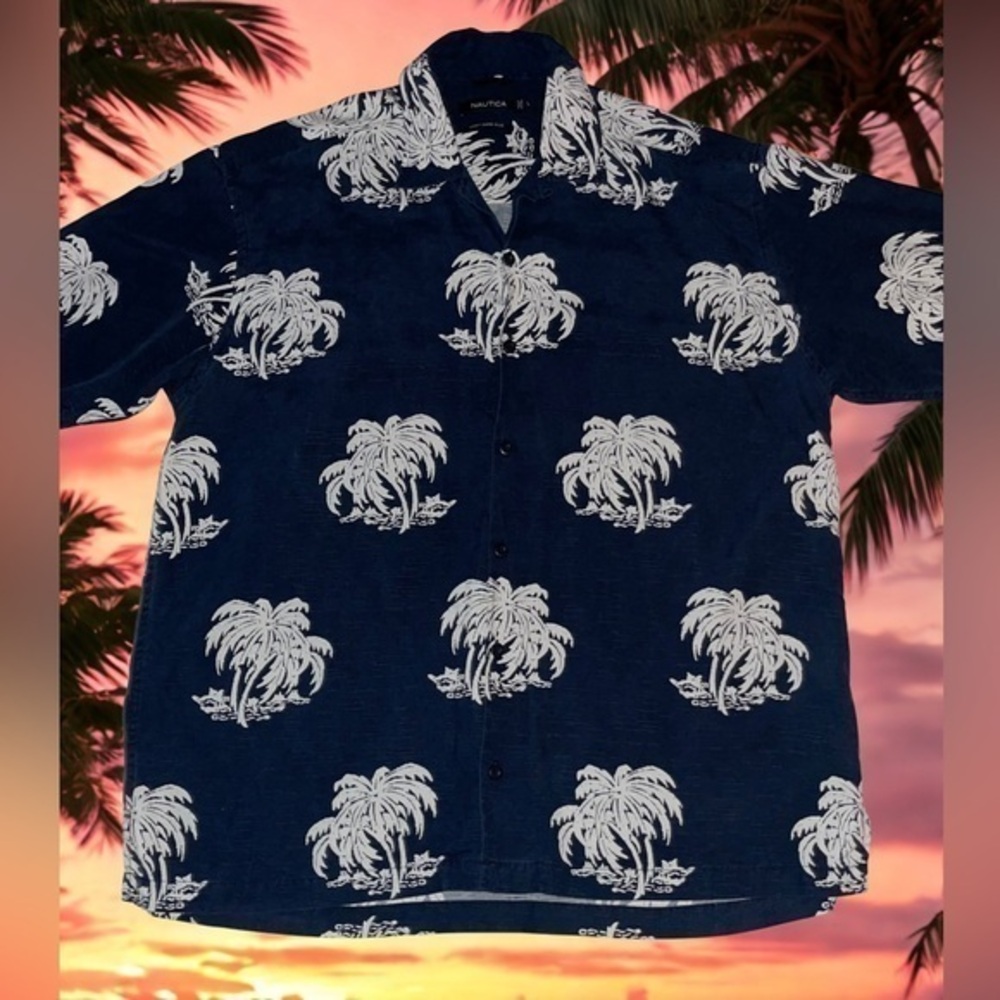 Nautica Dark Blue Palm 100% Silk Button Down Shirt
